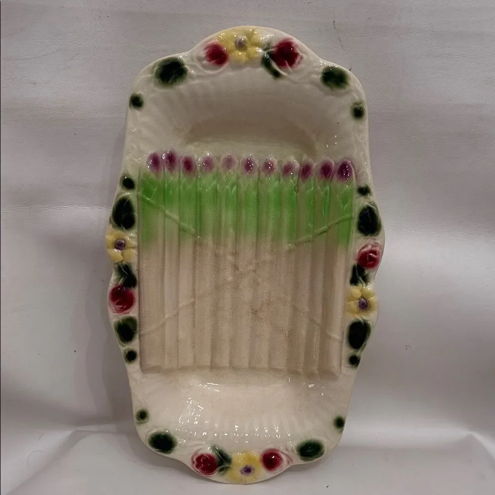 Reserve Sarrequemines France Majolica Floral Ceramic Asparagus Serving Platter